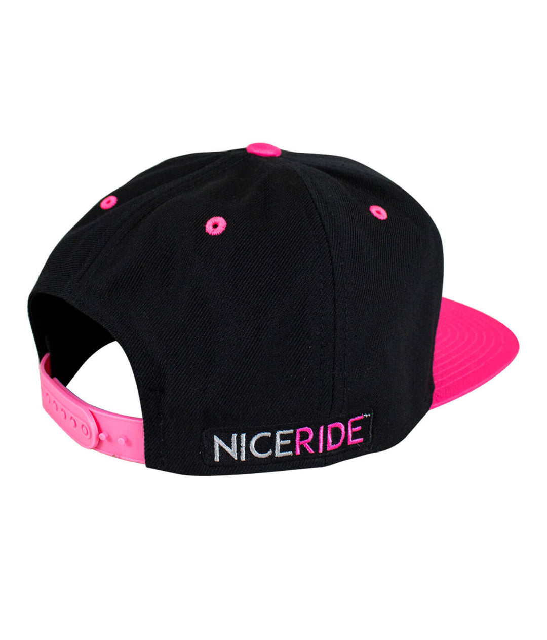 N-R Neon Snapback Hat, black with neon pink accents, showing NICERIDE logo on the back, perfect stylish hat for all occasions.