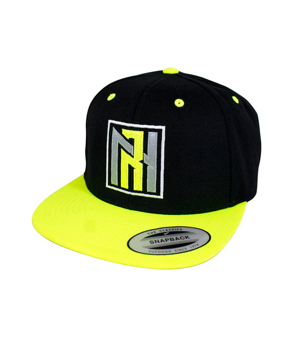 N-R Neon snapback hat with embroidered logo in neon colors and black fabric.