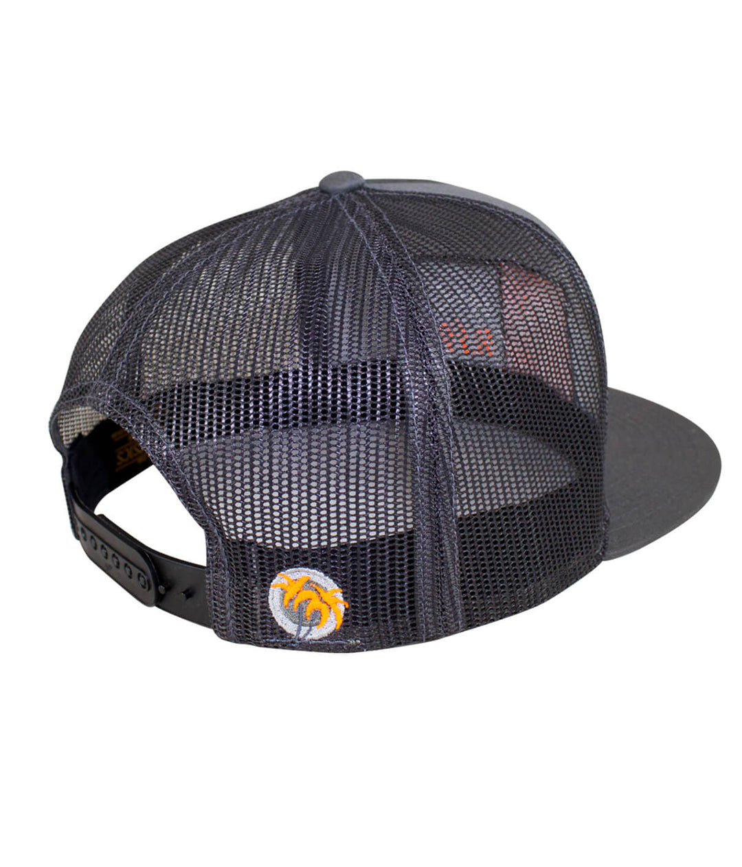 Back view of the N-R Combo Charcoal Trucker hat showcasing the mesh design and palm logo on the right side.