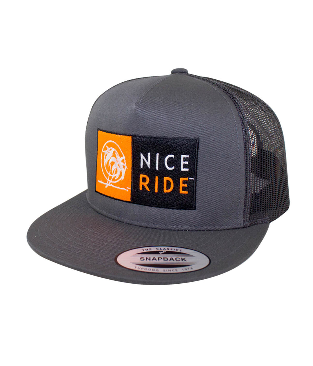 N-R Combo Charcoal Trucker Baseball Hat featuring NICE RIDE logo, perfect hat for outdoor activities.