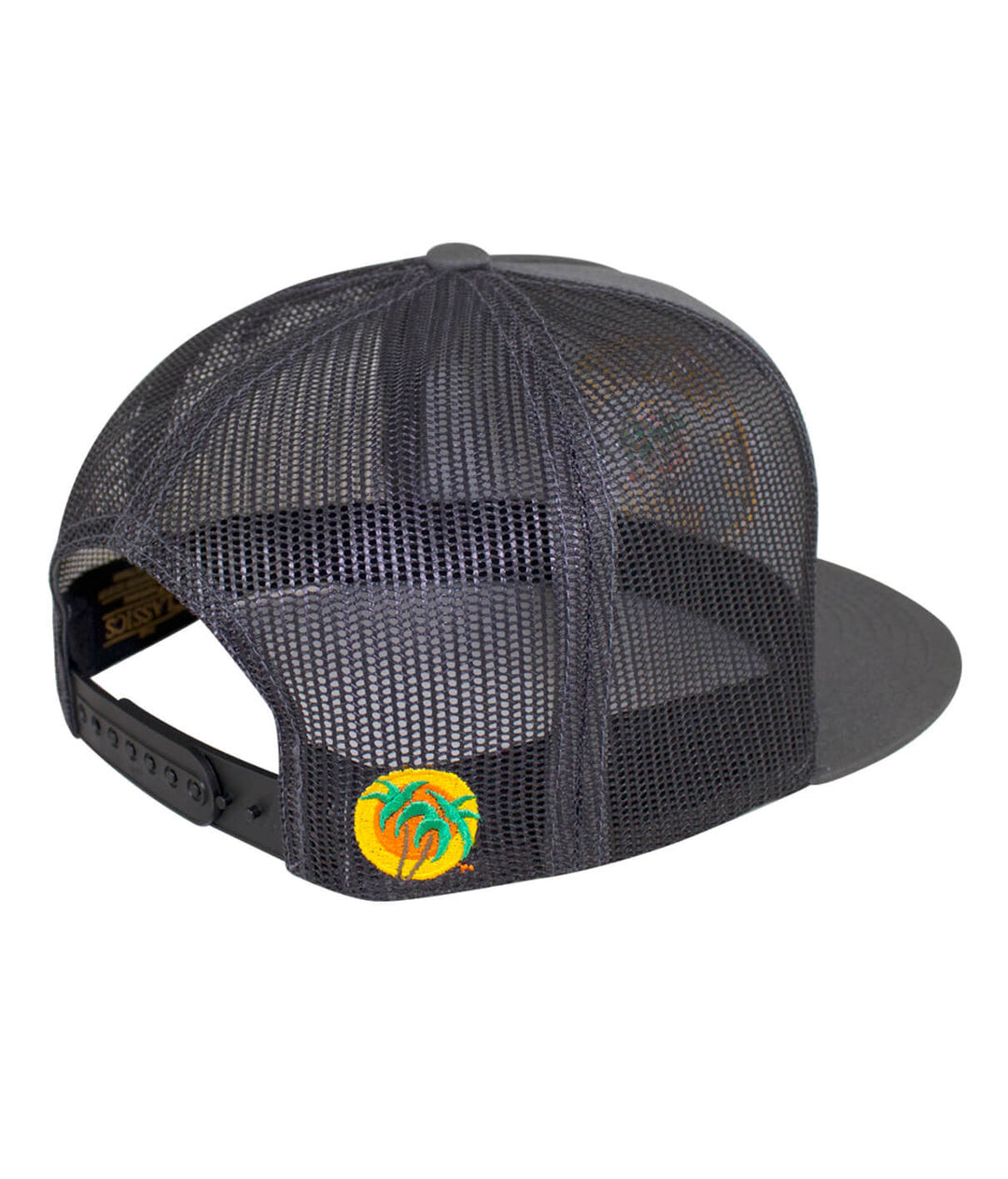 Back view of The Badge Trucker Hat showing the classic palm logo embroidered on the side, perfect hat for casual wear.