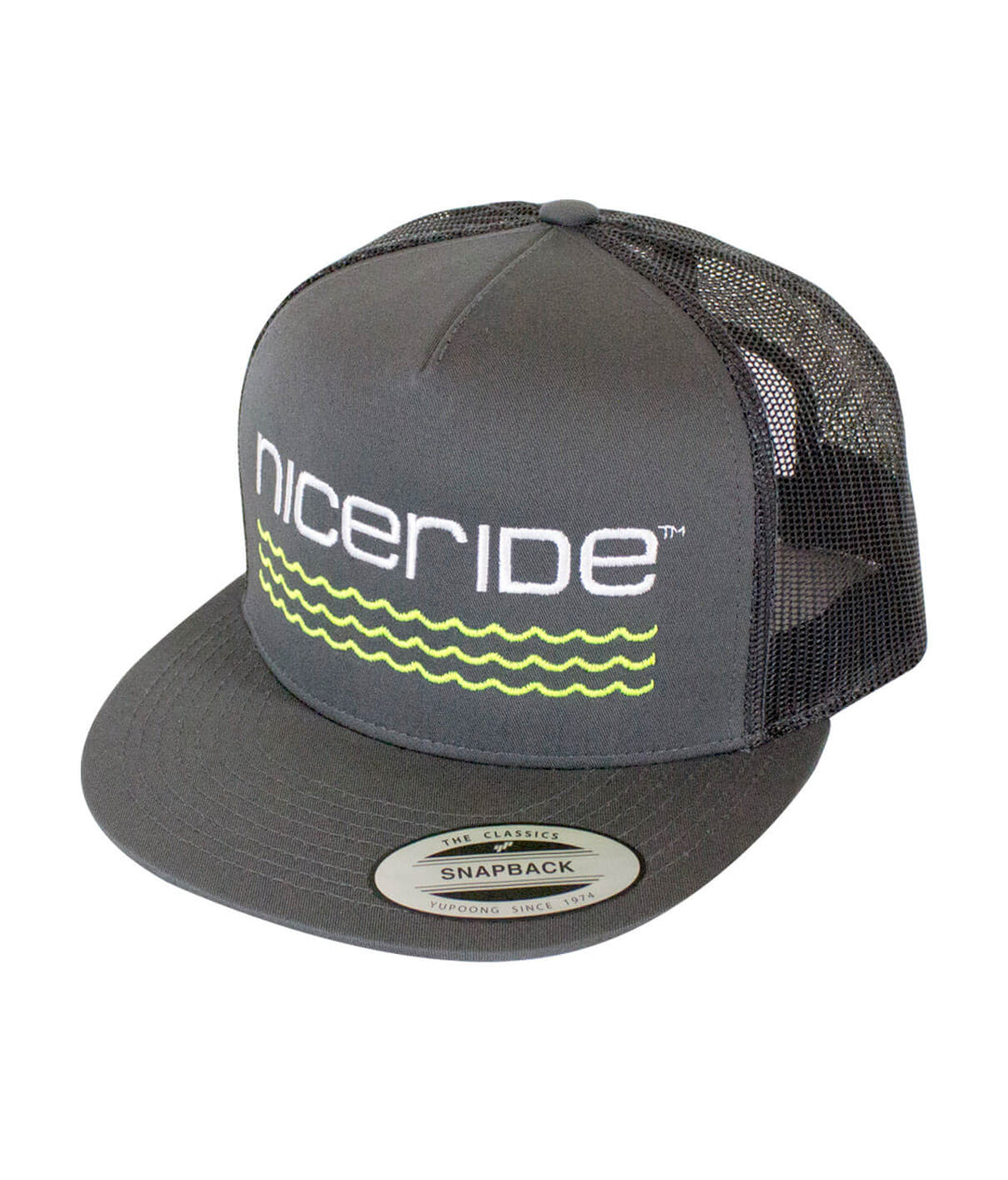 On The Water Charcoal Trucker Hat from NICERIDE, featuring a classic snapback design and embroidered logo.