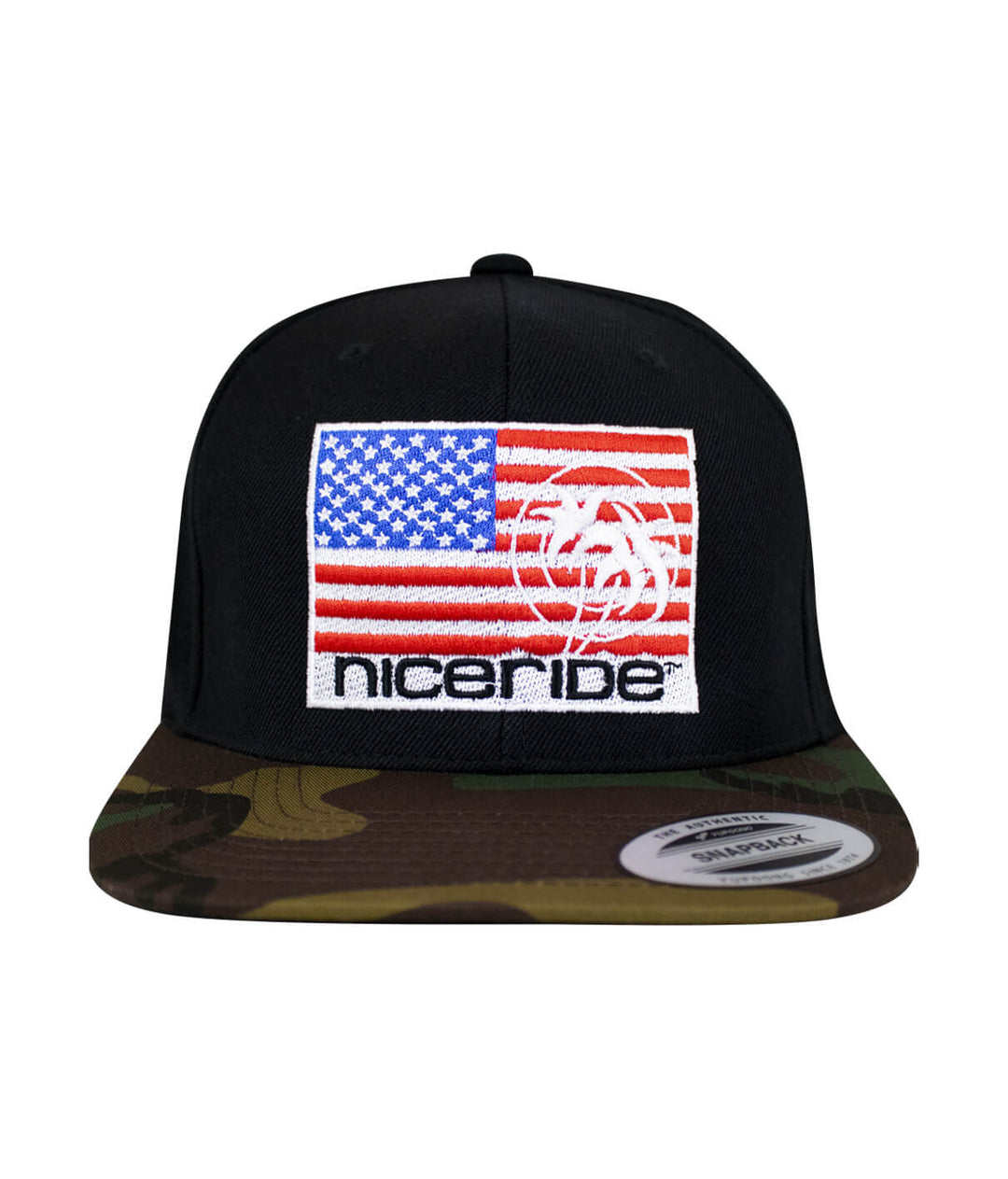NICERIDE PRIDE camo flatbill snapback hat featuring American flag and embroidered design, perfect for stylish outdoor wear.