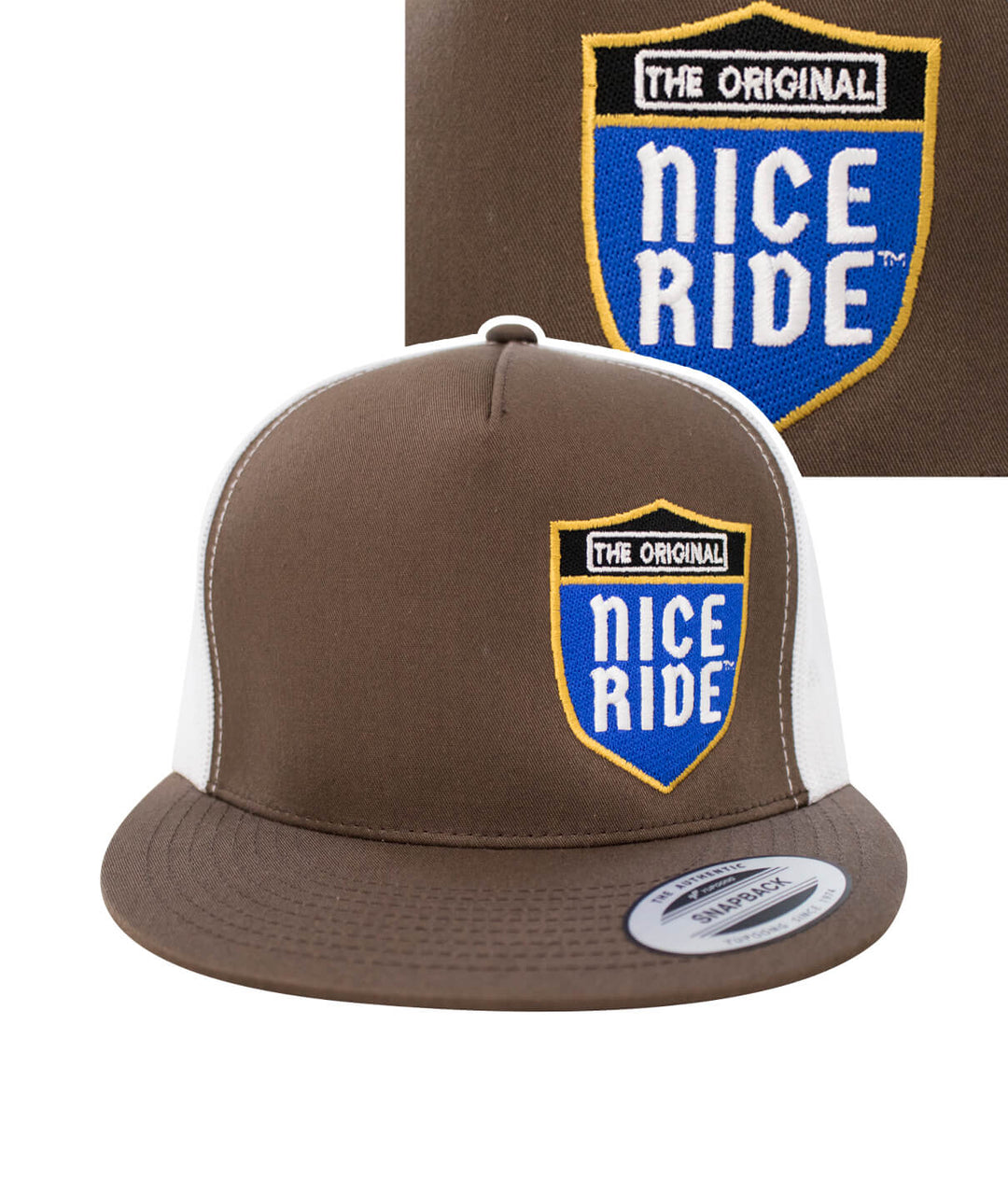Majesty trucker hat featuring NICERIDE design in embroidered blue and yellow on front and back.