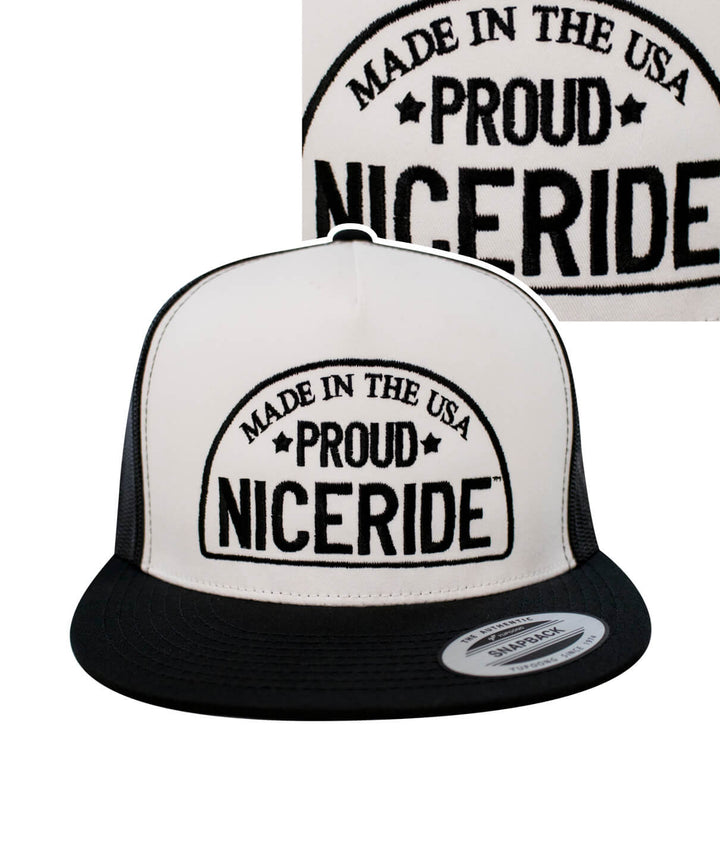 Proud Trucker Hat featuring NICERIDE design, Classic Snapback hat made in the USA.
