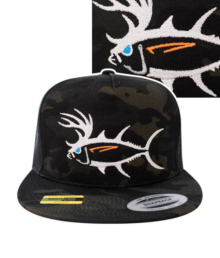 Buck-Eye Unisex Trucker Hat with embroidered fish design on black camo background, perfect fishing hat for outdoor activities.