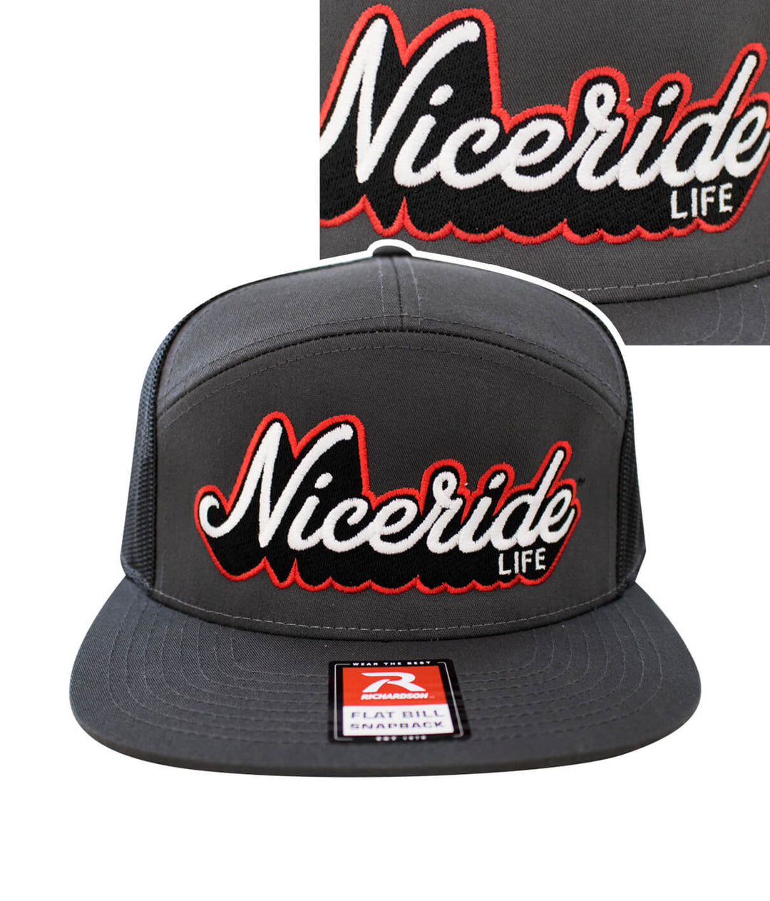 Half Pipe hat featuring NICERIDE Life embroidered design on a gray trucker snapback.