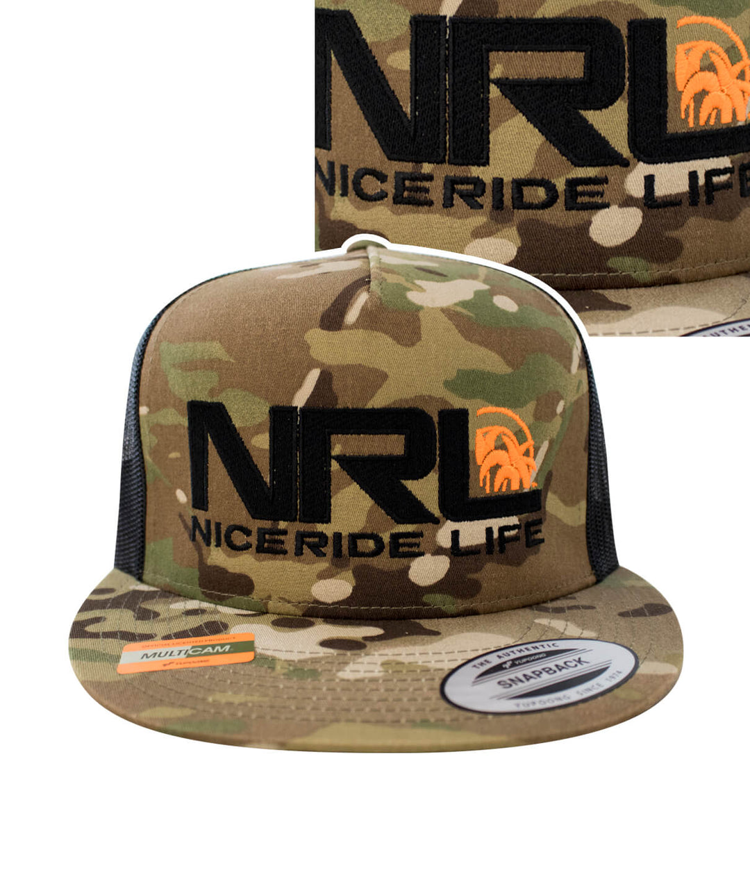 Bulls Eye Trucker Hat featuring NICERIDE's design, a stylish hat with camouflage and palm logo details.