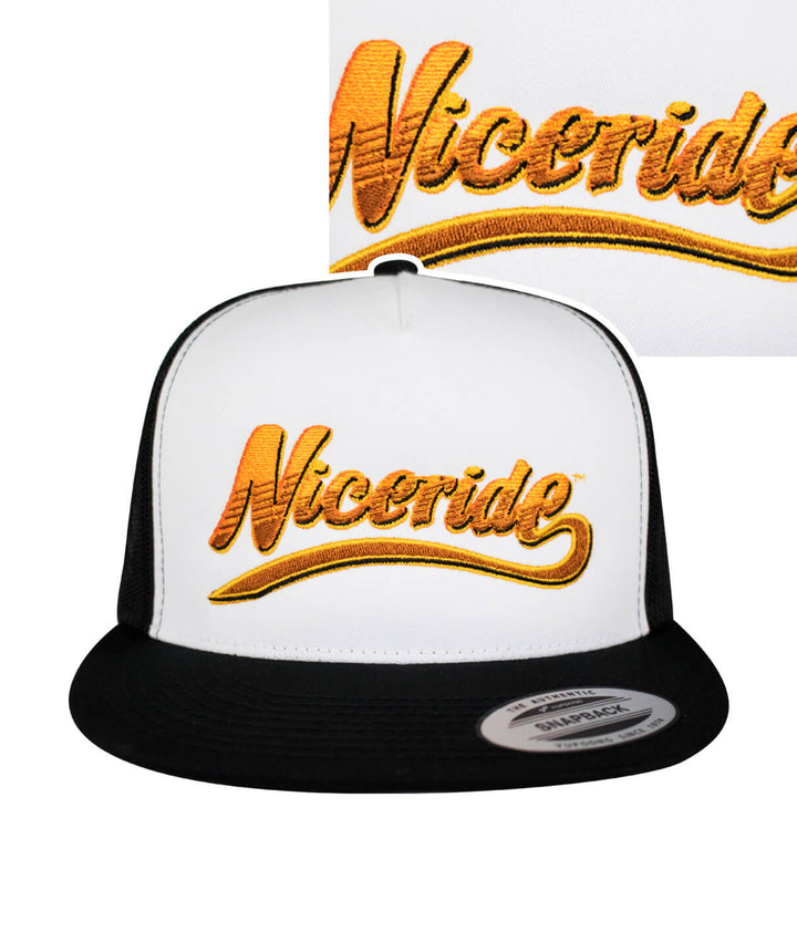 White and black NICERIDE trucker Hat featuring embroidered logo design on the front, perfect for casual wear.
