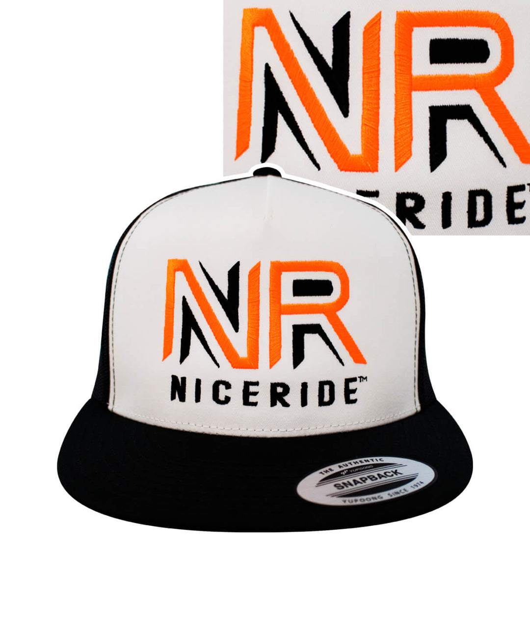 Razor's Edge hat featuring NICERIDE's logo in orange and black on a snapback trucker cap design.