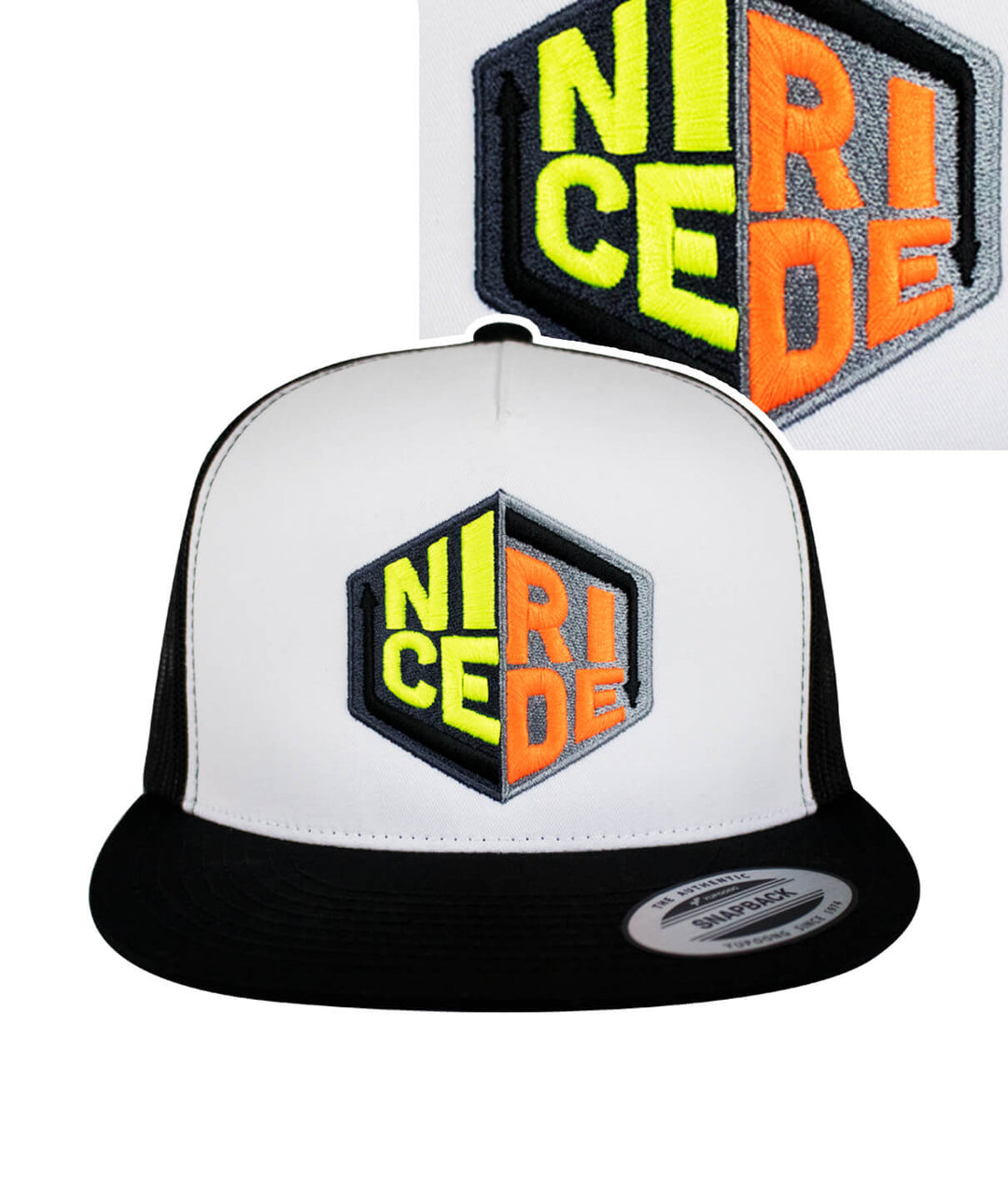Twisted TRUCKER Hat featuring NICERIDE logo embroidery on front, black and white color design
