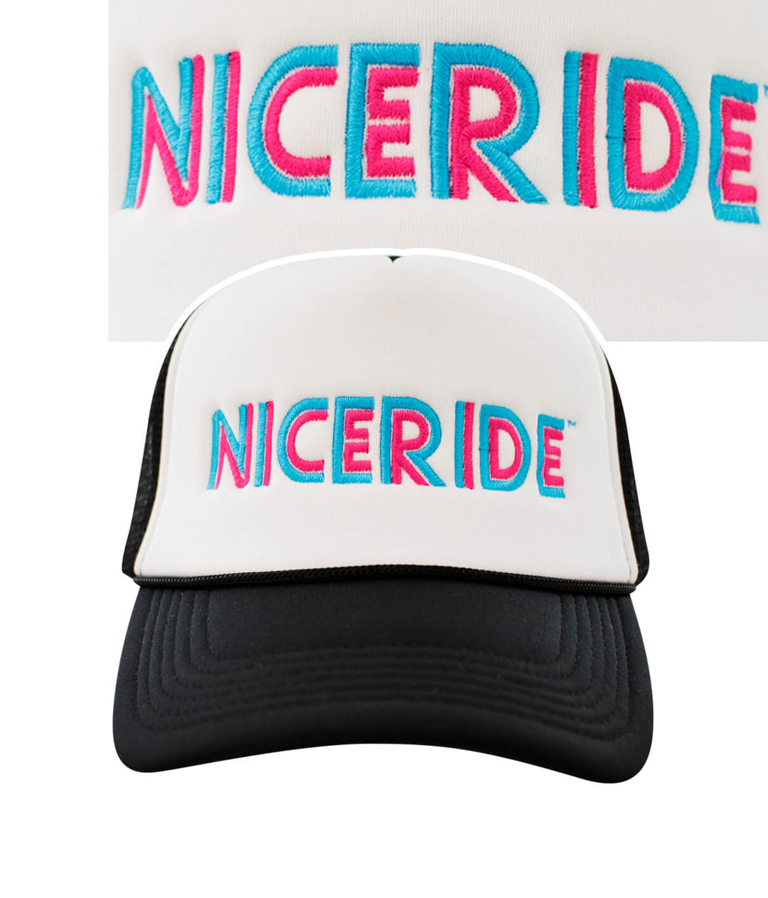 Foam trucker hat featuring NICERIDE embroidered logo on the front, perfect stylish hat for casual wear.