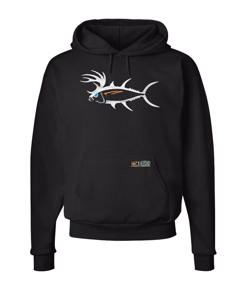 Black pullover hoodie featuring NICERIDE's "Buck Eye" design, perfect for outdoor enthusiasts and made of 50% Cotton/50% Polyester.