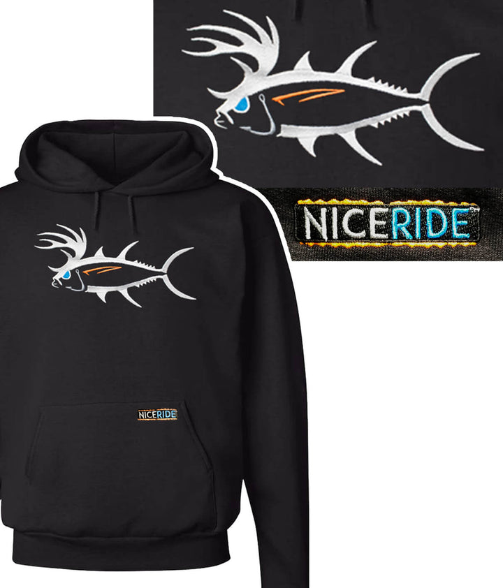 A black pullover hoodie with a fish logo on it.