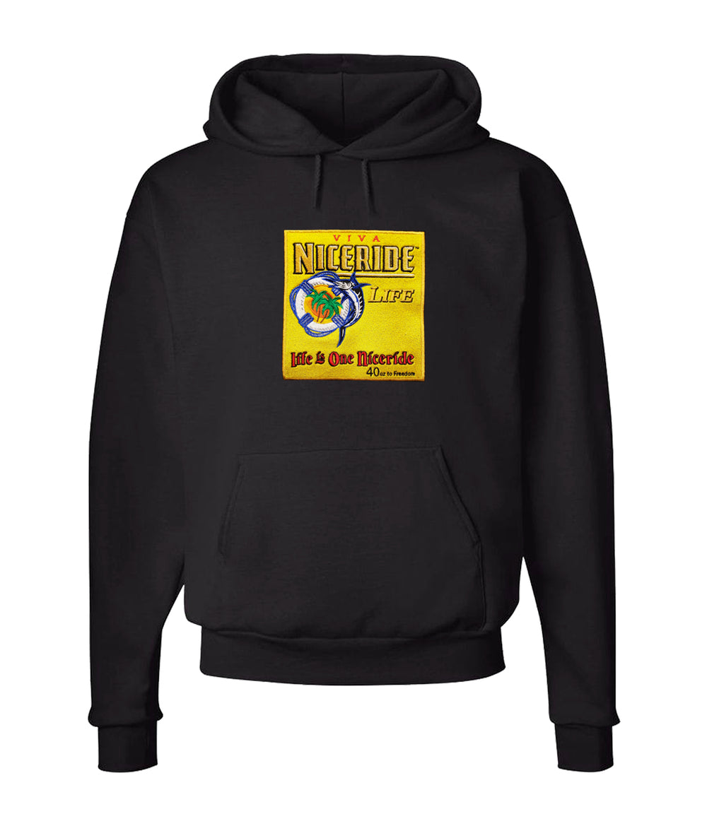 Black unisex hoodie featuring NICERIDE's "Viva" design on the front for stylish comfort.