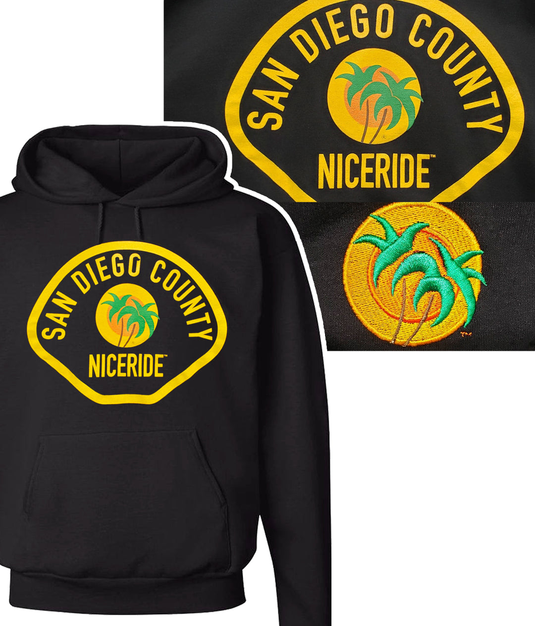 Black unisex pullover hoodie featuring NICERIDE's 'The Badge' design and palm logo, ideal hoodie for all-day wear.