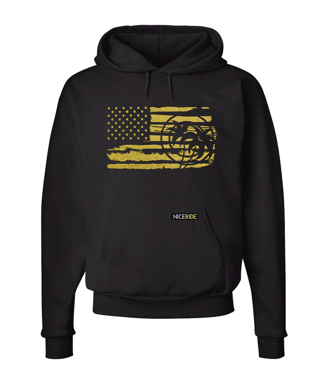 Black pullover hoodie with American flag design and NICERIDE logo, unisex stylish and comfortable hoodie.