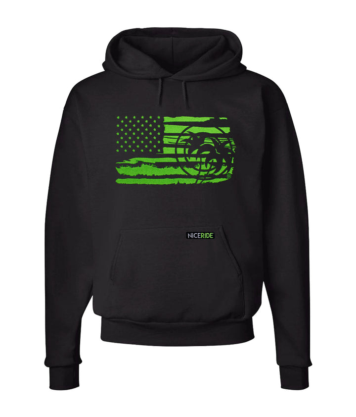 Black pullover hoodie for men and women featuring the American flag and NICERIDE&