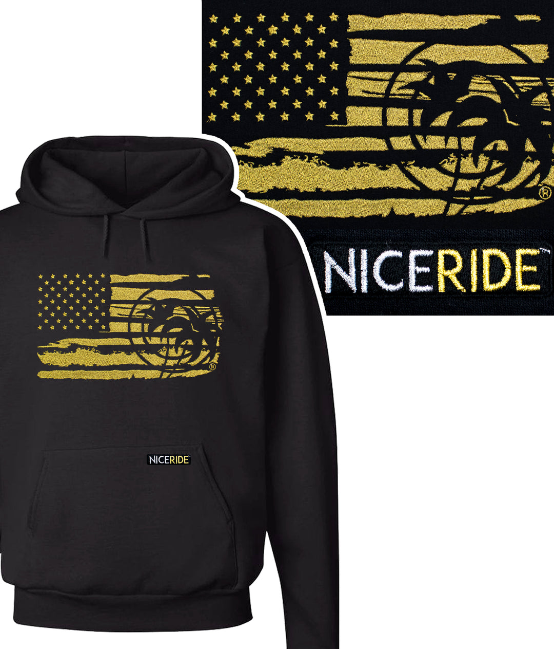 Black pullover hoodie featuring NICERIDE&