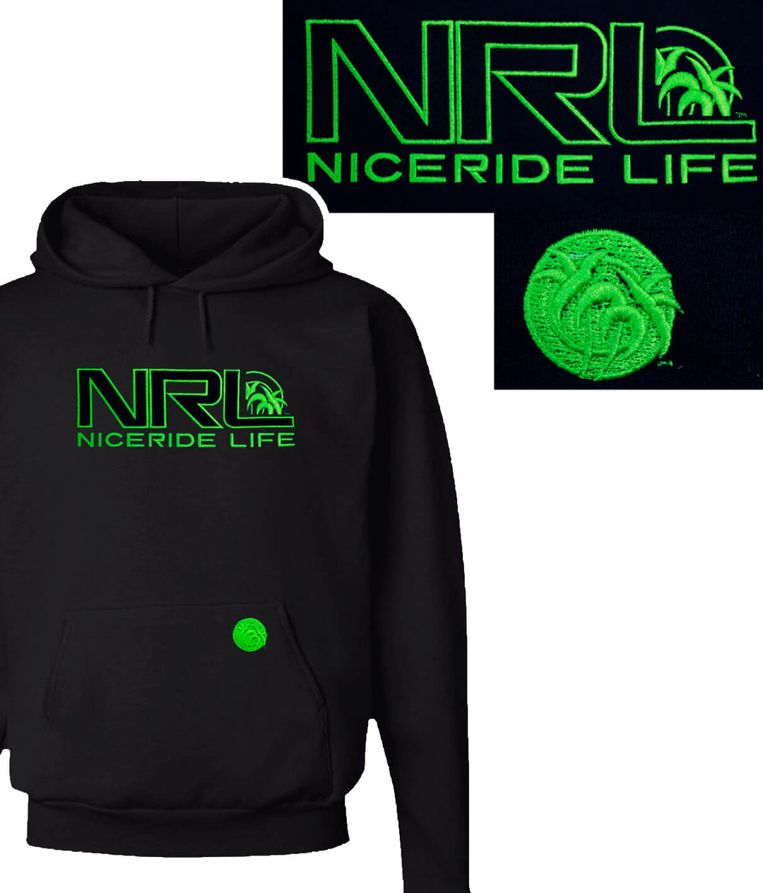 Black hoodie with NICERIDE logo in green and palm logo embroidered on pocket, perfect for men and women, versatile in style.