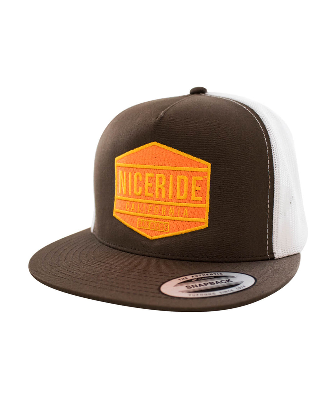 Good Times Trucker Hat with NICERIDE logo, snapback baseball cap in brown and orange color design.