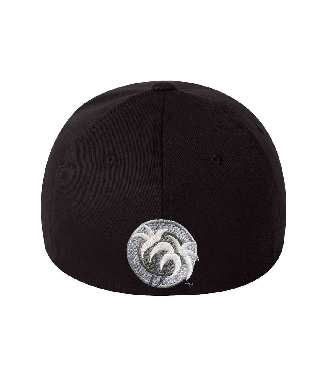 Back view of a black baseball cap featuring embroidered palm logo and design.