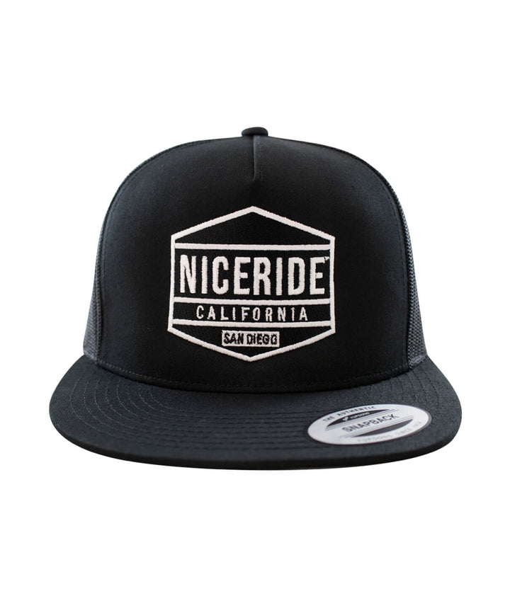 Black trucker hat with NICERIDE California design embroidered on front panel, perfect for casual wear.