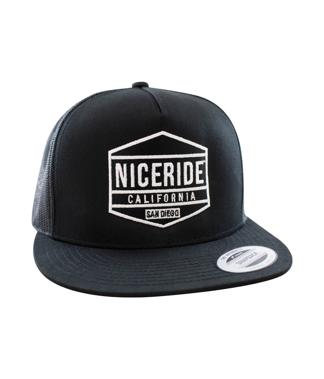 Good Times Black Trucker Hat with NICERIDE California design, perfect baseball cap for any casual outfit.