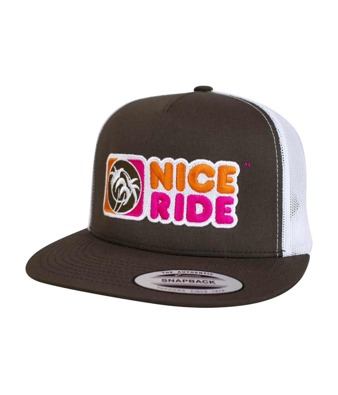 Glazzed trucker cap with NICERIDE design embroidered on front and Palm Logo on back, snapback style.