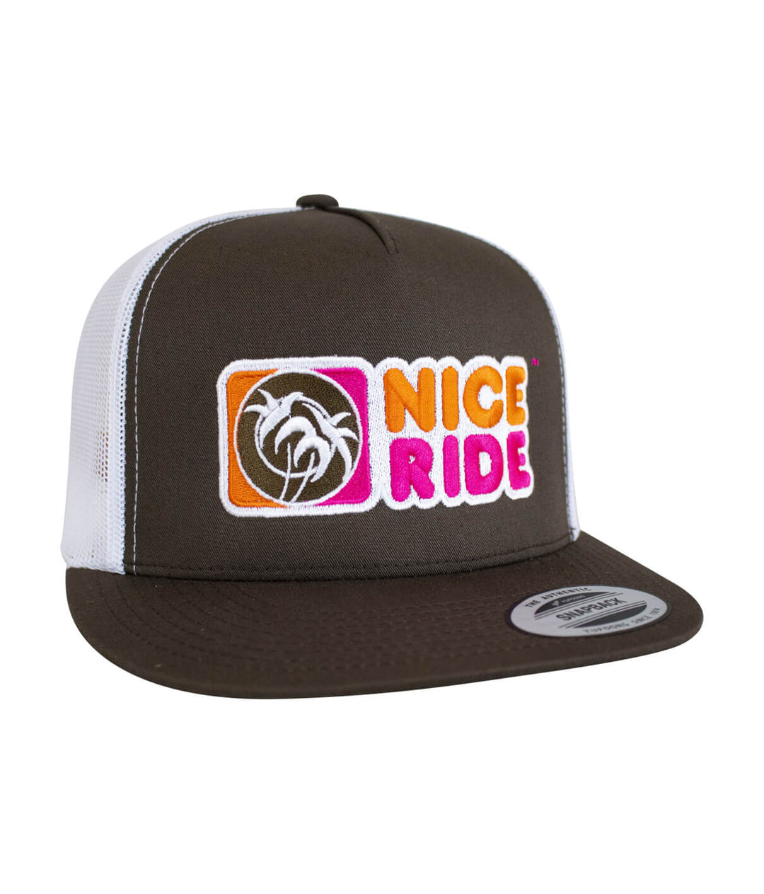 Glazzed trucker cap featuring NICERIDE logo embroidered on the front and palm logo on the back.