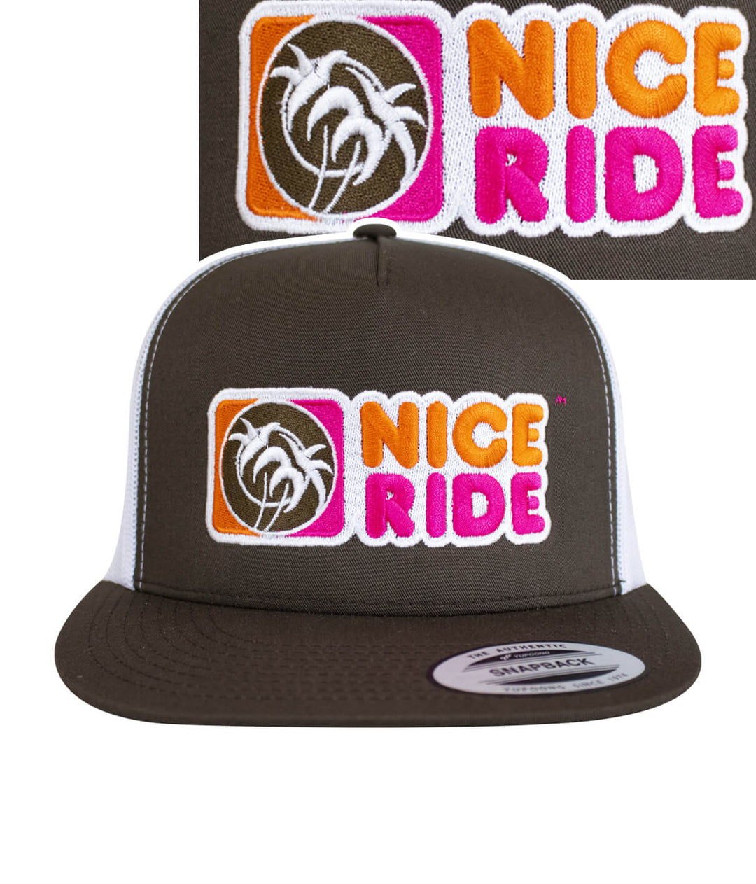 Glazzed trucker cap featuring NICERIDE logo and palm design, embroidered in vibrant colors on a brown background.