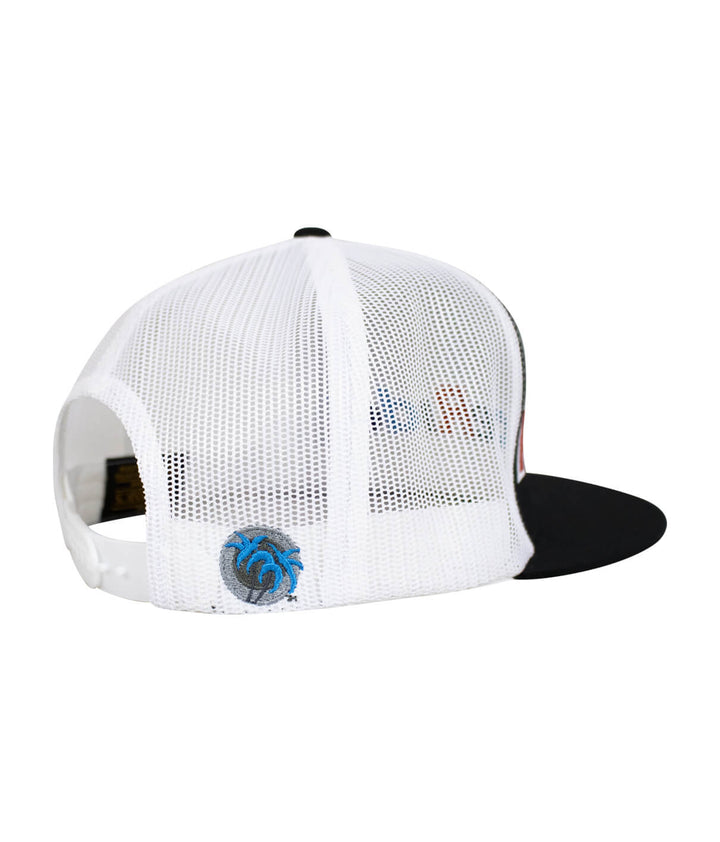 Back view of a unisex adjustable trucker hat with NICERIDE&