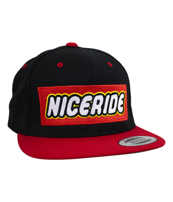 Black and red "Stack it" unisex adjustable snapback hat featuring NICERIDE logo embroidery.