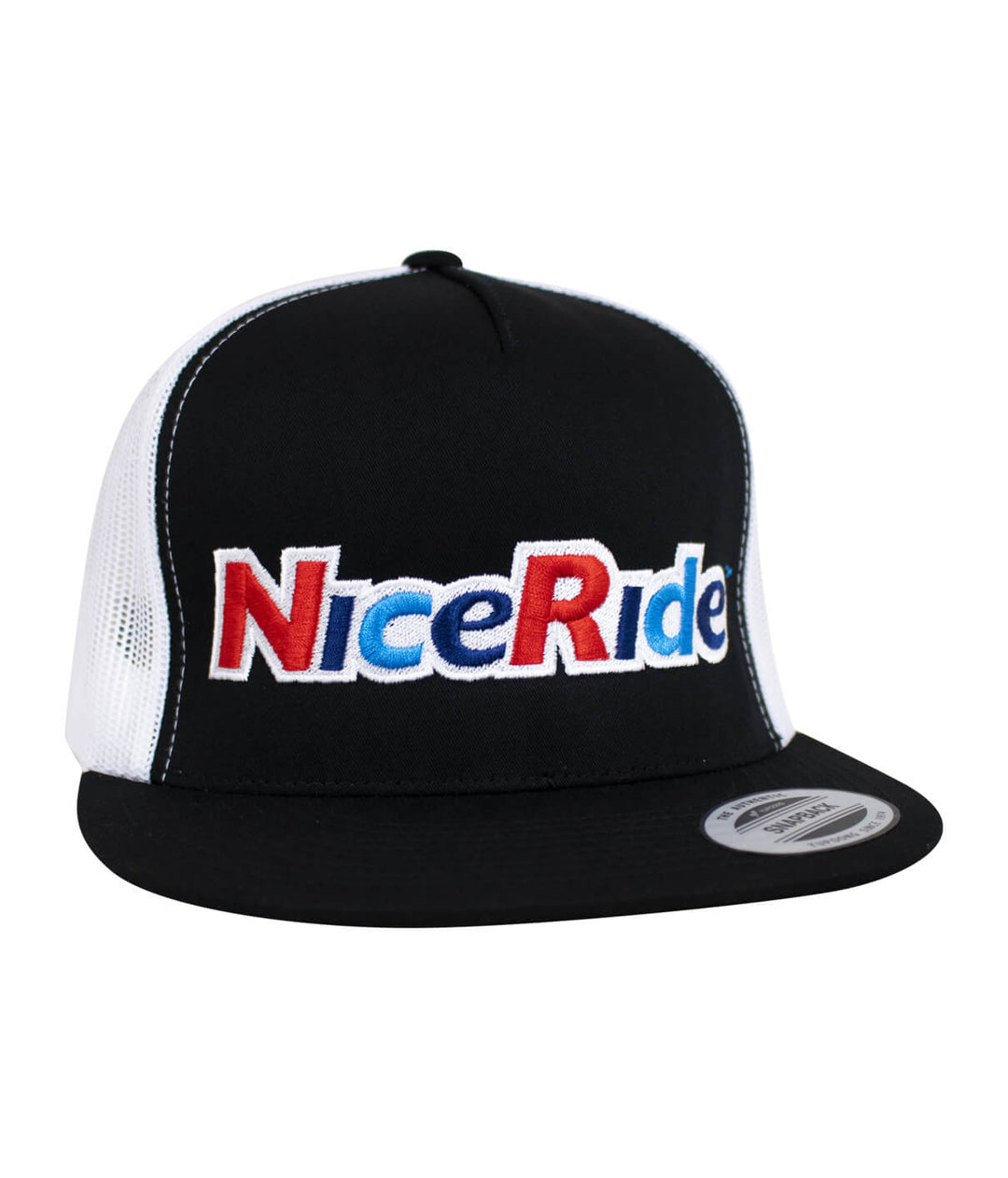 Unisex adjustable trucker cap featuring NiceRide logo, perfect for casual wear and outdoor activities. Hat design in black and white.