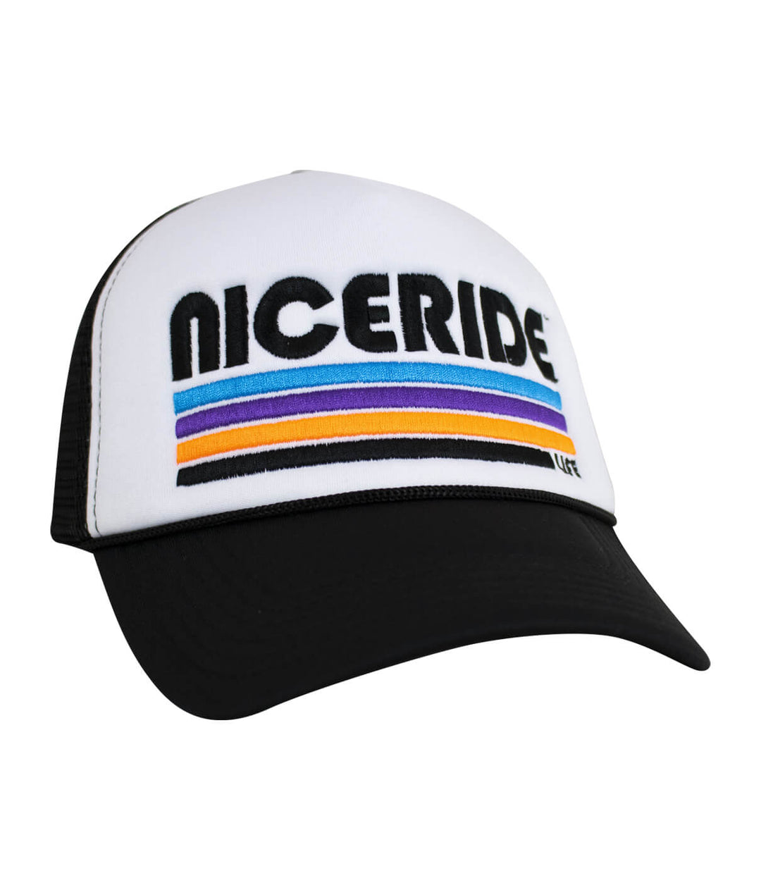 Trigger foam trucker hat with NICERIDE embroidered logo in vibrant colors on the front.
