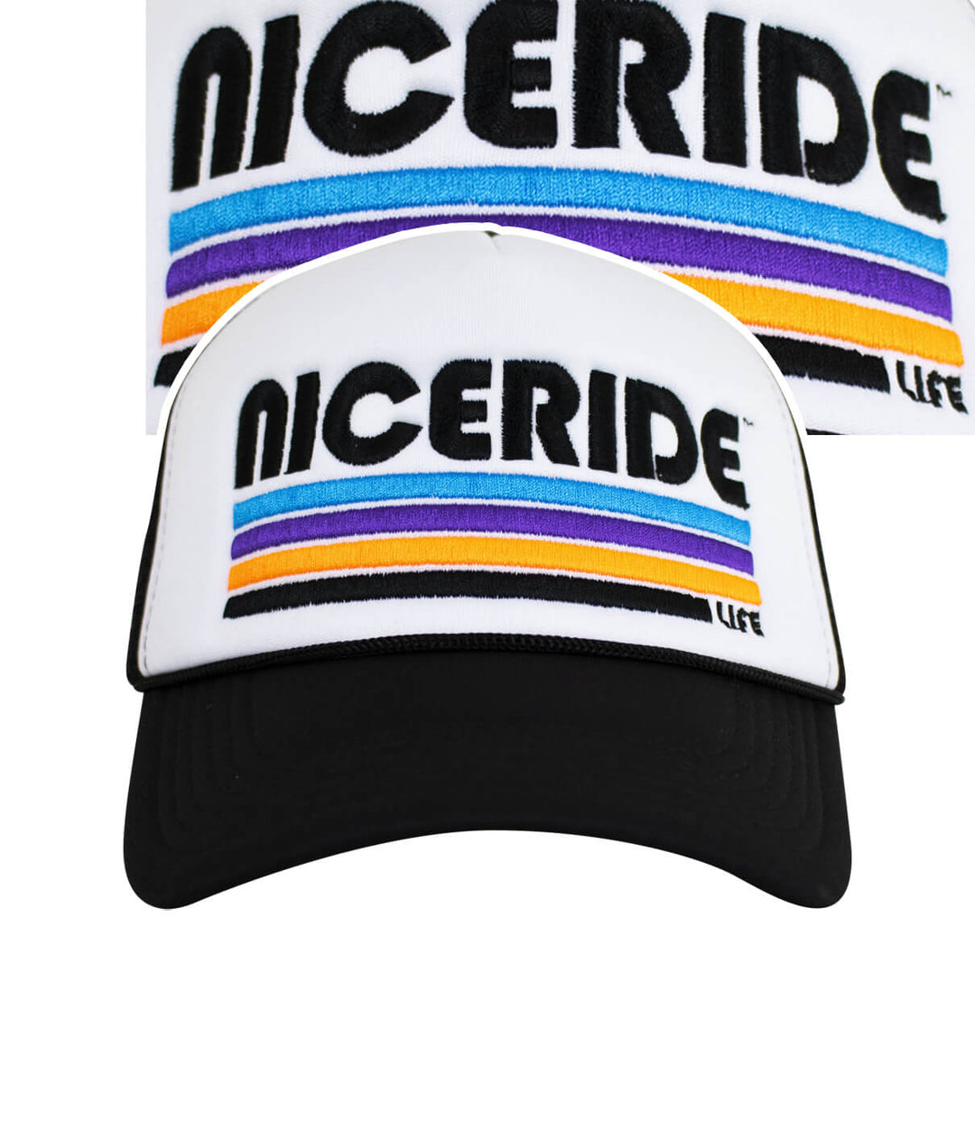 Trigger foam trucker hat with NICERIDE logo and vibrant color stripes, lightweight and stylish for unisex wear.