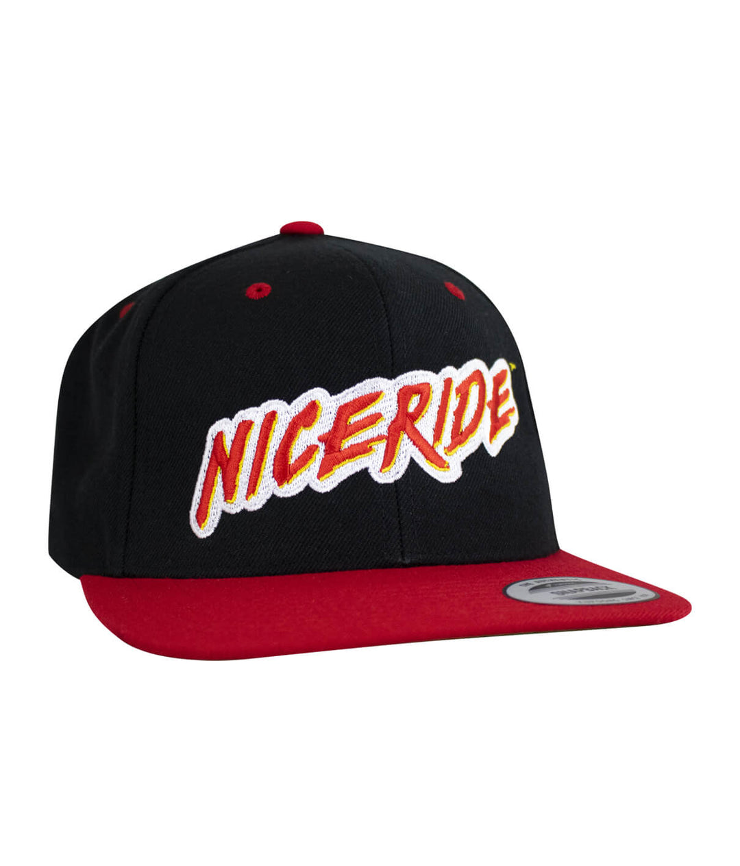 The Hoff Snapback Hat featuring NICERIDE logo embroidered in red and yellow on a black cap with a red brim.