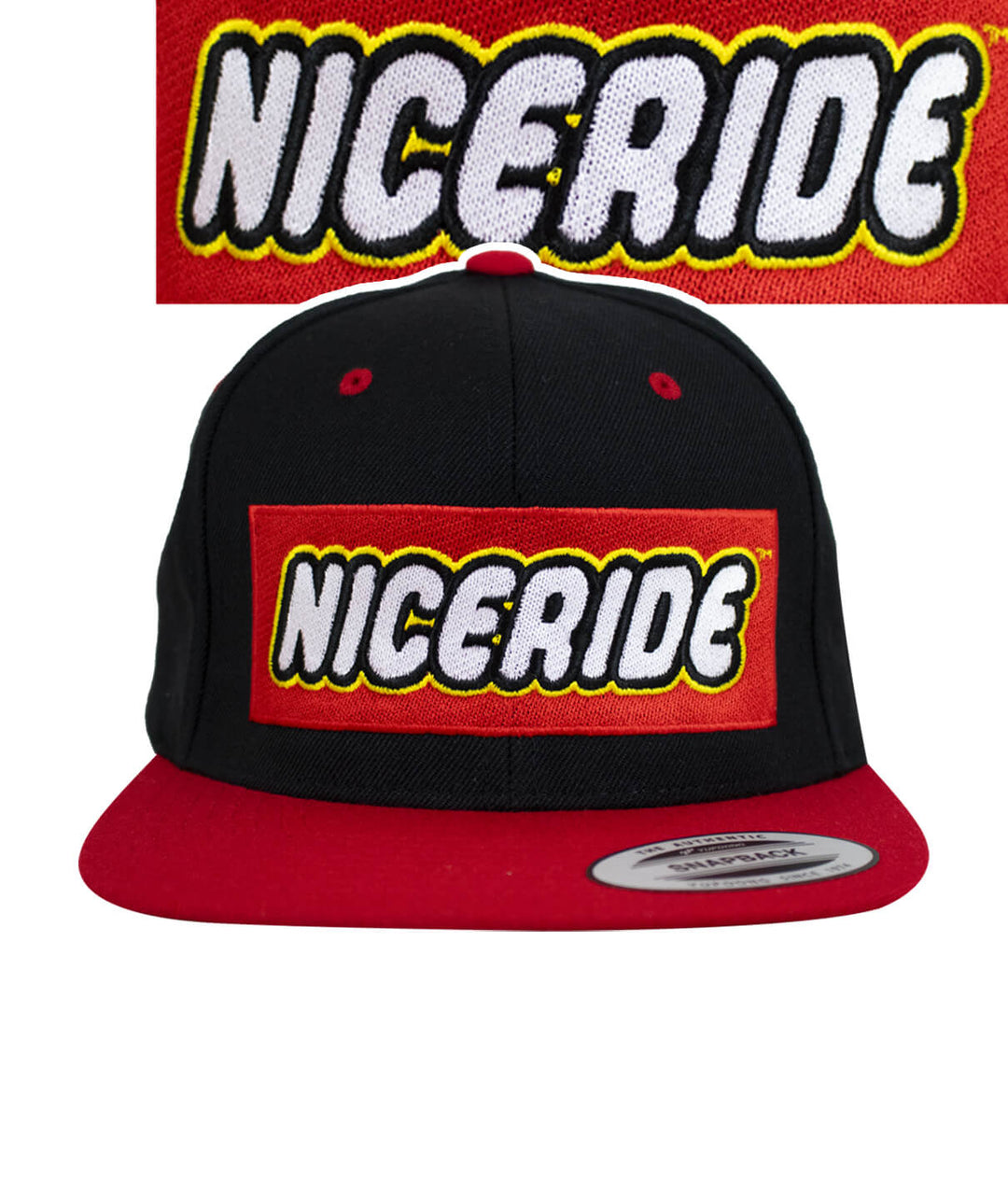 Adjustable unisex NICERIDE snapback hat with embroidered logo in red and black, ideal for casual wear.