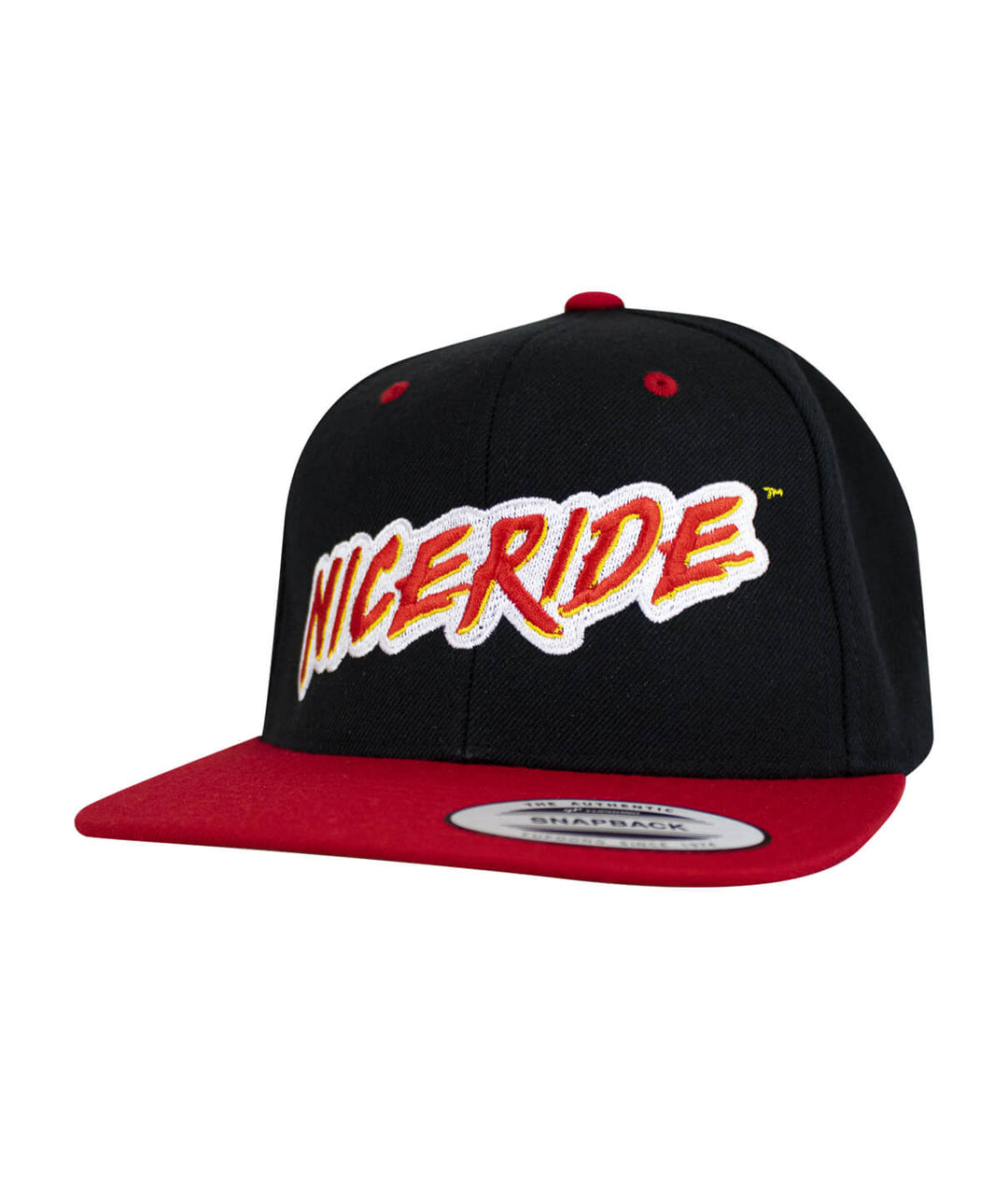 The Hoff Snapback Hat featuring NICERIDE embroidered design, showcasing a black and red baseball cap.