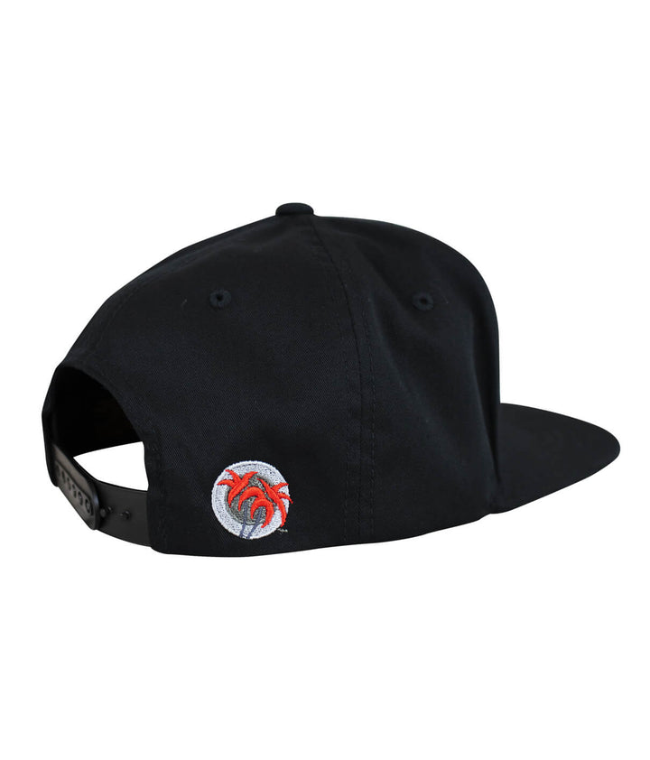Back view of a black youth snapback hat featuring red leaves logo embroidery.
