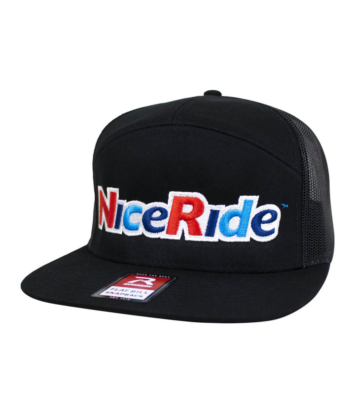 NiceRide 7 Panel Trucker Hat featuring embroidered logo, perfect for casual wear, high-quality hat design.