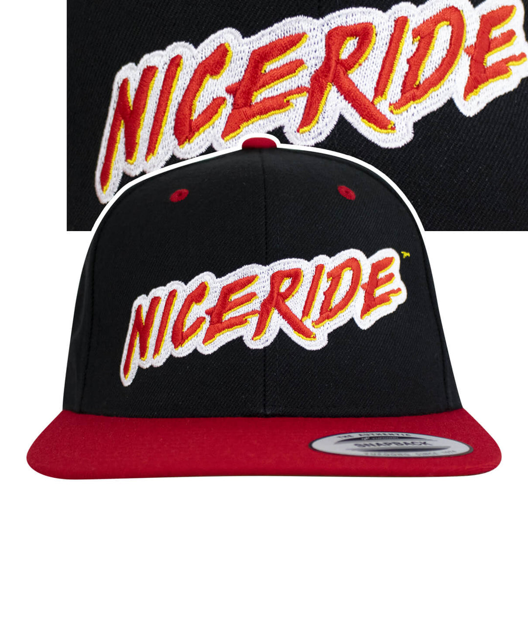 The Hoff snapback hat featuring NICERIDE embroidered design in red and yellow on a black cap with a red brim.