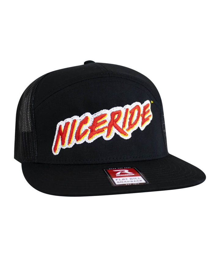 Black NICERIDE trucker hat with bold embroidered logo on front, showcasing modern style and durability.