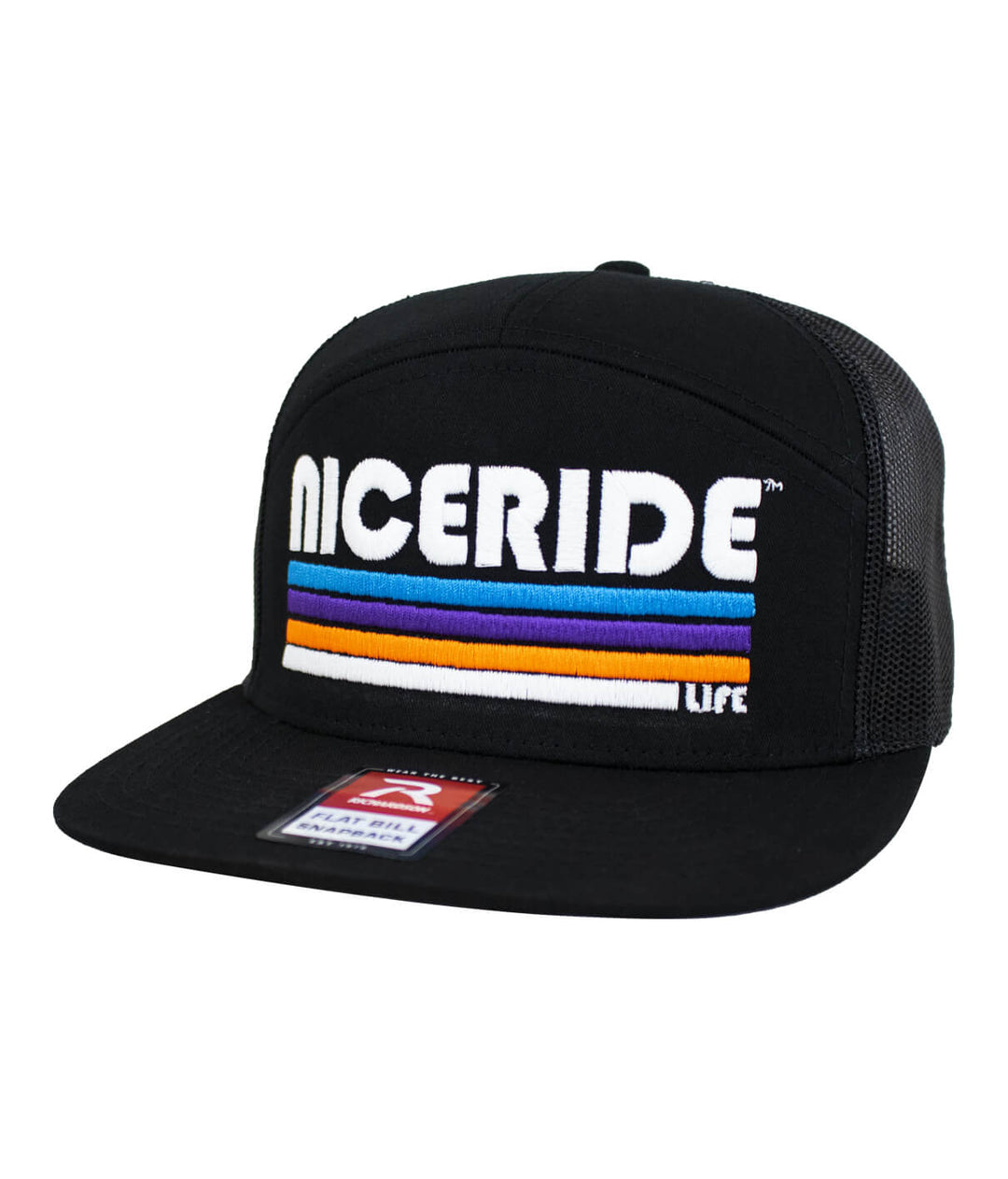 NICERIDE 7-panel trucker hat featuring colorful embroidered design on a black background.