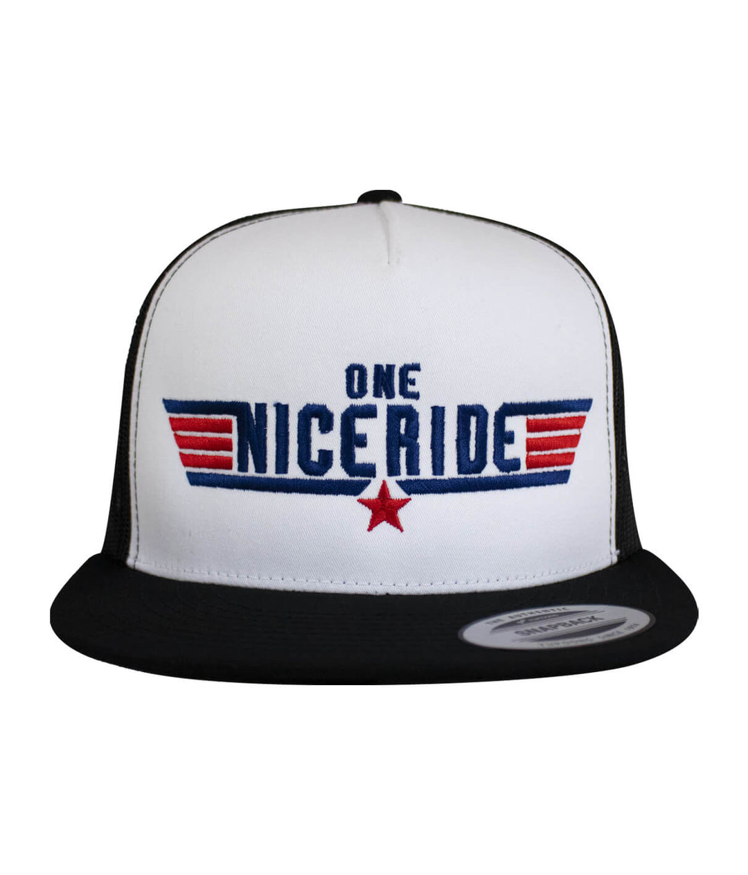 NICERIDE classic snapback trucker cap with bold embroidered design and black visor.
