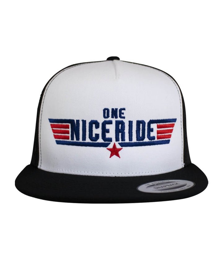 NICERIDE classic snapback trucker cap with bold embroidered design and black visor.