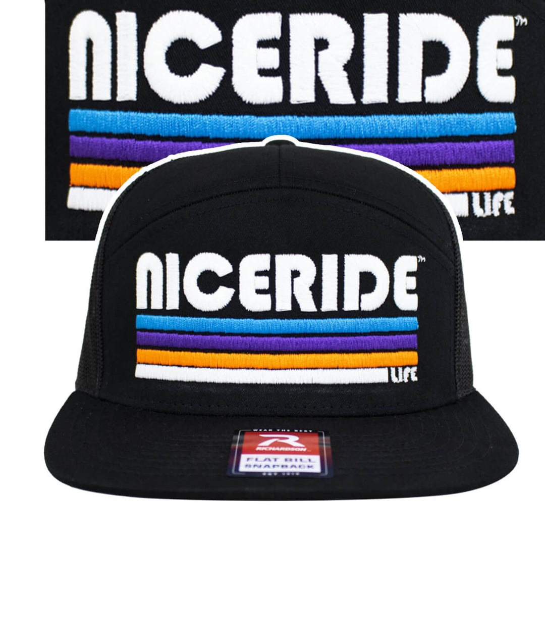 NICERIDE 7-Panel Trucker Hat in Evening Glow with embroidered design and logo, featuring the trucker hat focus keyword.