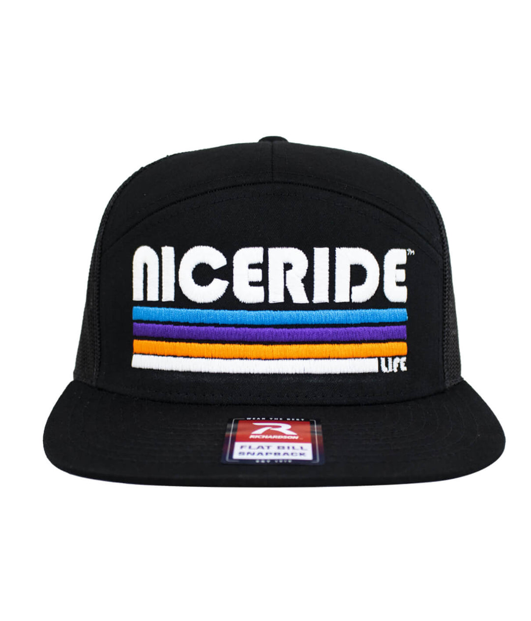 NICERIDE flat bill trucker hat featuring colorful embroidery against a black background, perfect for casual style.