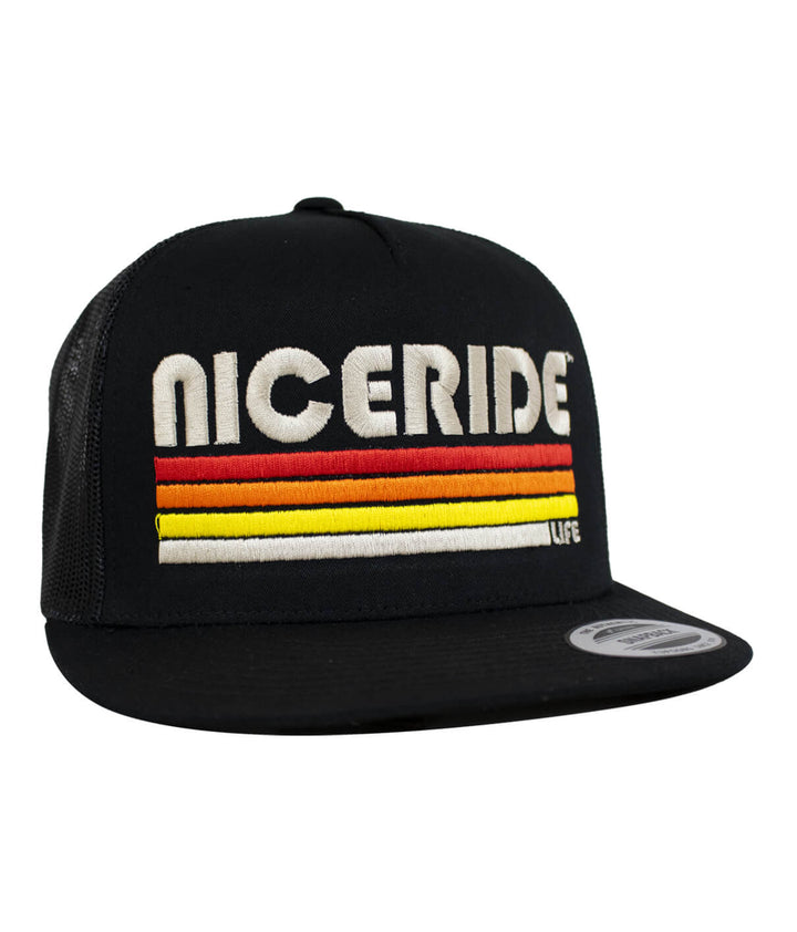 Unisex adjustable trucker cap featuring NICERIDE design, embroidered text, and colorful stripes; perfect hat for casual wear.