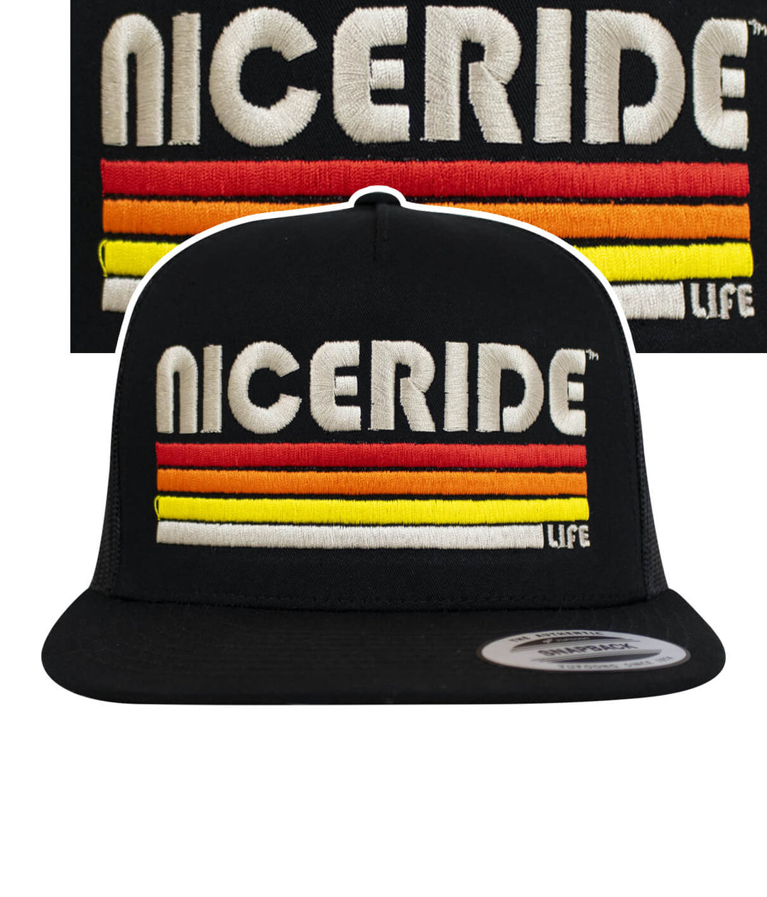 NICERIDE Trigger trucker cap with embroidered logo, featuring colorful stripes and a black hat design.